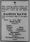 1965.06.21 - Markus Ravik f1888.04.01 (2.5) - begravet Bodø 1965.06.25